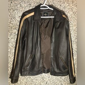 **Brody Dark Brown Leather Motorcycle Jacket with Tan Stripe**
